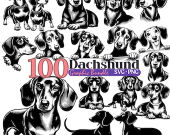 Paquete de 100 diseños de Dachshund SVG y PNG, silueta prediseñada de Dachshund, archivos vectoriales de salchicha, descarga digital para manualidades de sublimación con Cricut