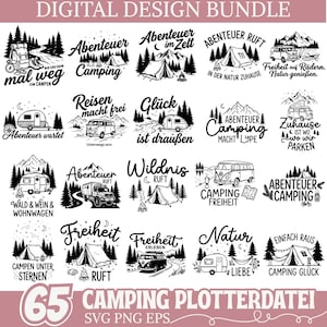 Puede incluir: Un paquete de diseño digital con 65 archivos SVG, PNG y EPS con temática de camping. Los diseños en blanco y negro incluyen tiendas de campaña, furgonetas camper y escenas de la naturaleza con frases alemanas como "Abenteuer" y "Freiheit".
