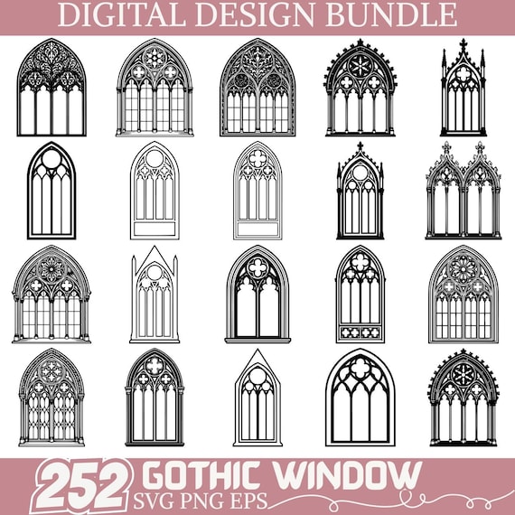 Gothic Window SVG Bundle, Cathedral Arch Window Clipart, Vintage Church Frame Cut File, Gothic Architecture PNG EPS Digital Download