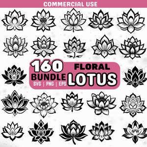 Lotusbloem SVG-bundel, bloemen lotus PNG, mandala lotus clipart, lotus silhouet vector, digitale lotusbloem, boho lotus ontwerp