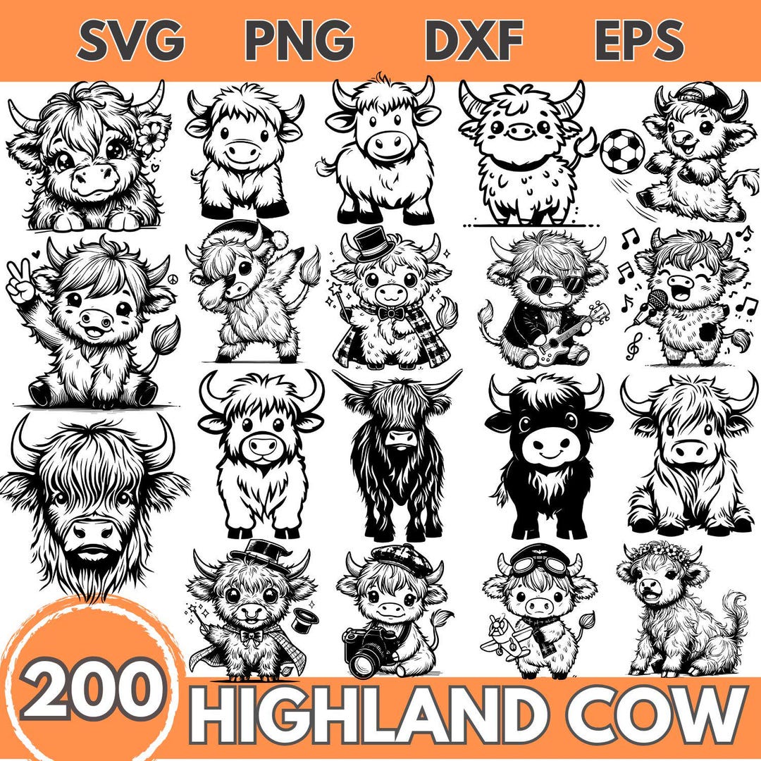 Highland Cow SVG Bundle | Cute Cow Clipart | Farm Animal Png | Cartoon ...