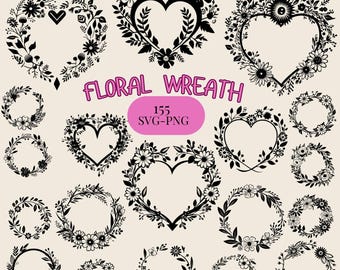 Blumenkranz SVG Bundle - Herz und runder Kranz Clipart für Cricut, DIY Handwerk, Scrapbooking, PNG Digital Download Set
