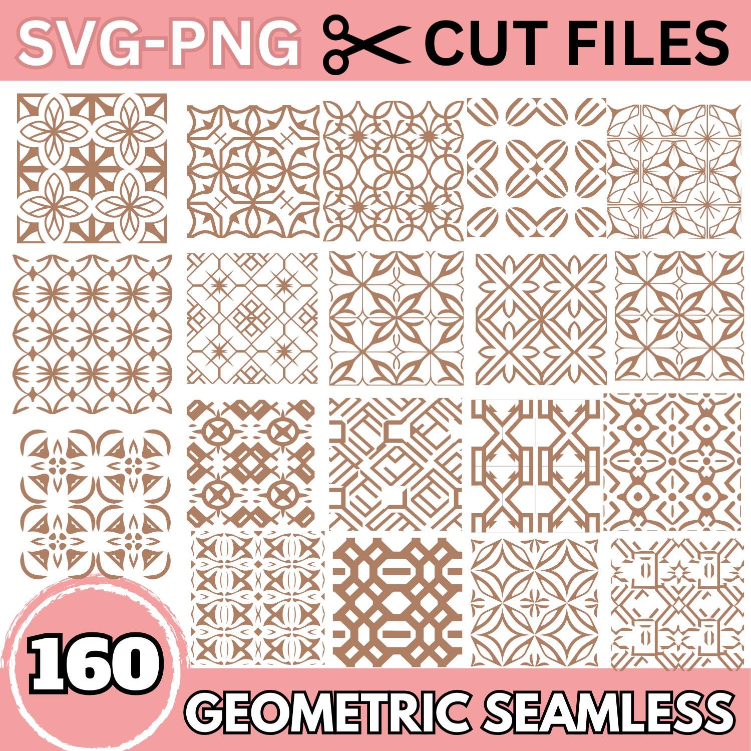 Pack de patrones geométricos sin costura SVG PNG – 160 azulejos abstractos, arte lineal mandala, archivos para láser y Cricut