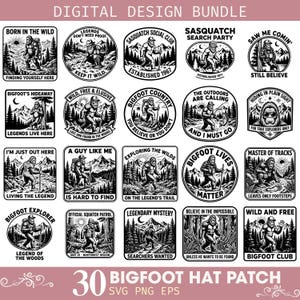 May include: A digital design bundle featuring 20 black and white graphic illustrations of Bigfoot in various outdoor settings. Each circular or square emblem includes text such as Born in the Wild, Sasquatch Social Club, and Bigfoot Lives Matter.