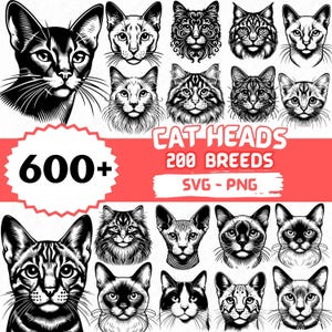 Cat Heads Clipart Bundle | 200 Breeds Cat SVG PNG Designs | Cat Line Art, Digital Illustrations for Cricut, Sublimation and Crafts