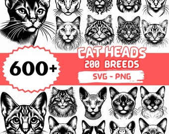 Cat Heads Clipart Bundle | 200 Breeds Cat SVG PNG Designs | Cat Line Art, Digital Illustrations for Cricut, Sublimation and Crafts