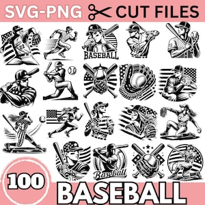 100 Baseball SVG PNG Cut Files, Softball Clipart Bundle, Sports Silhouette Designs, Cricut Sublimation Graphics, Digital Download