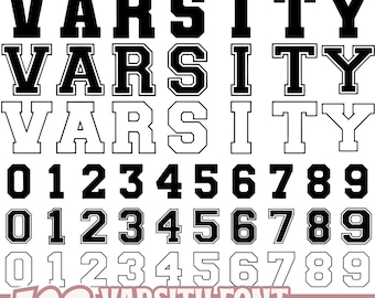 May include: Digital design bundle featuring varsity fonts and numbers in various styles. Includes bold black and white options, as well as outlined versions. The image also includes the text "108 Varsity Font" and "SVG PNG EPS".