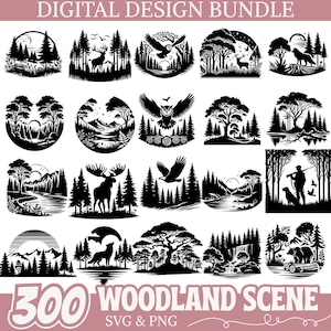 Peut inclure: Un ensemble de conception numérique comprenant 300 fichiers SVG et PNG de scènes de forêt. Les illustrations en noir et blanc incluent des arbres, des animaux et des paysages. Le texte en haut indique "DIGITAL DESIGN BUNDLE" et en bas "300 WOODLAND SCENE SVG & PNG".