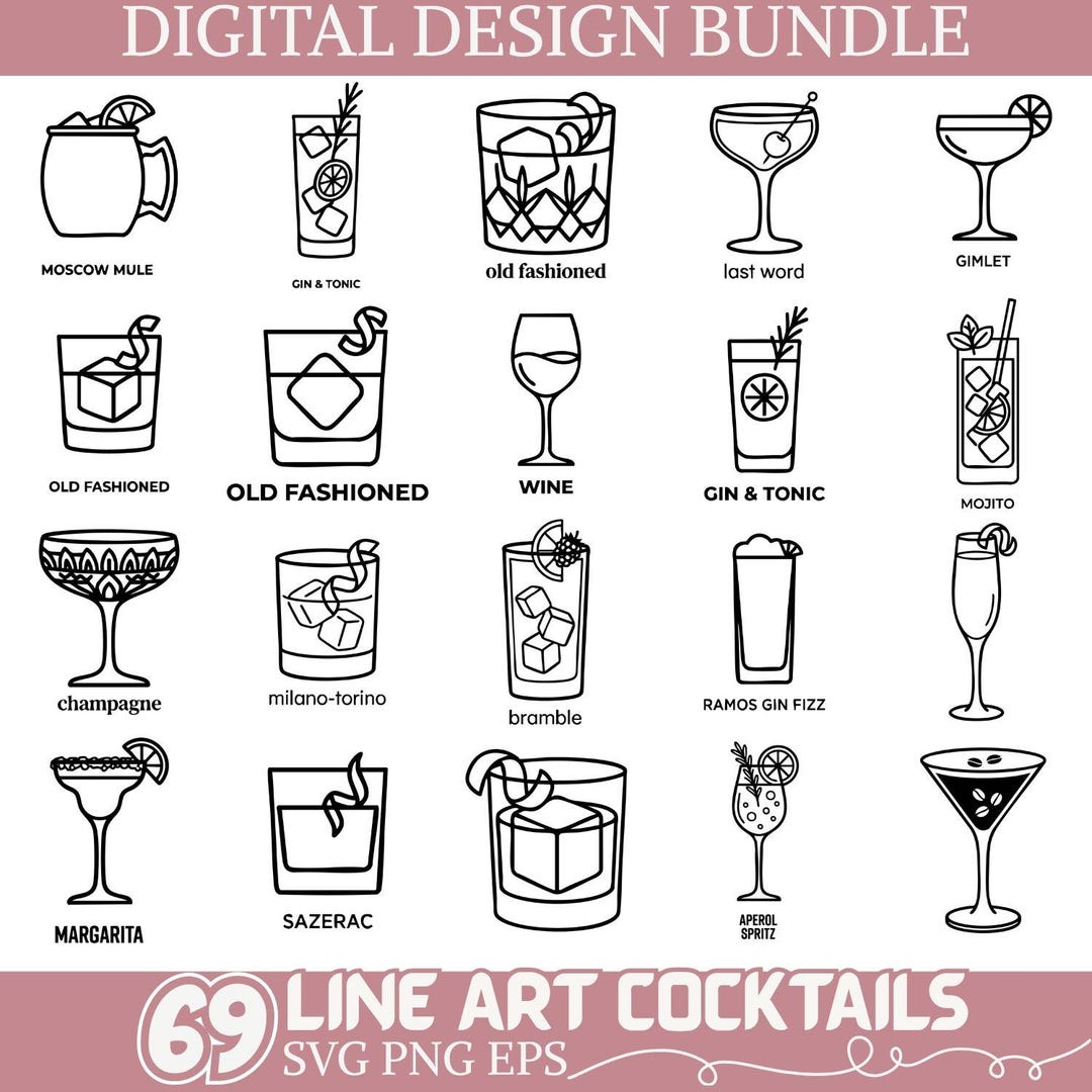Cocktail SVG Bundle Line Art Drinks Icons Set Bar Beverage Clipart PNG ...
