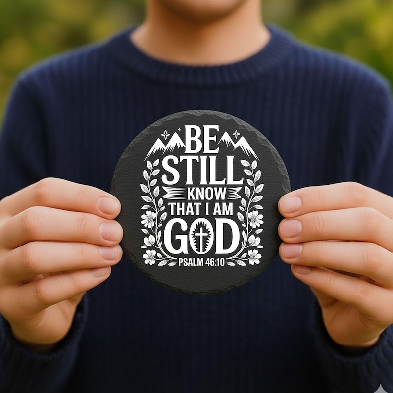 May include: A round, black slate coaster with white text that reads "BE STILL KNOW THAT I AM GOD" and "PSALM 46:10". The design includes mountain and floral elements. A decorative item for home or office.