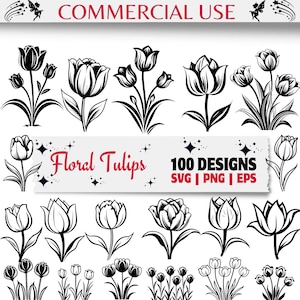 Floral Tulip SVG PNG EPS Bundle for Cricut and Sublimation, Hand Drawn Flower Clipart for T-Shirts Stickers Mugs Invitations