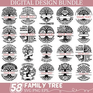 May include: A digital design bundle featuring 58 family tree designs in SVG, PNG, and EPS formats. Each design includes a tree illustration with space for custom text, perfect for family reunion projects. The designs are in black and white.