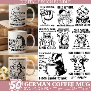 Puede incluir: Una colección de tazas de café de cerámica blanca con diseños gráficos negros y texto en alemán. Las tazas presentan varias ilustraciones de animales y frases humorísticas. La frase "DIGITAL DESIGN BUNDLE" está en la parte superior. La parte inferior de la imagen dice "50 GERMAN COFFEE MUG SVG PNG EPS".