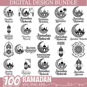 Può includere: Un pacchetto di design digitale con 100 grafiche a tema Ramadan. I disegni in bianco e nero includono mezzelune, moschee, lanterne e testo che recita "Ramadan Mubarak" e "Blessed Ramadan". Il pacchetto include file SVG, PNG ed EPS.
