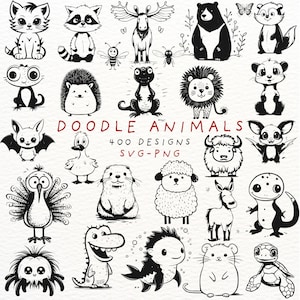 Pacote de clipart de animais fofos com rabiscos, designs SVG PNG desenhados à mão para Cricut e sublimação, pacote de ilustrações de animais selvagens de desenho animado