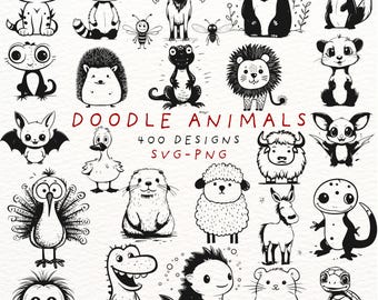 Cute Doodle Animals Clipart Bundle, Hand-Drawn SVG PNG Designs for Cricut & Sublimation, Cartoon Wildlife Illustrations Pack