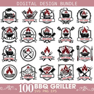 May include: A digital design bundle featuring 20 black and red barbecue-themed logos. Each emblem displays grills, flames, meat, and cooking utensils like spatulas and forks, with banners labeled TEXT HERE. The text DIGITAL DESIGN BUNDLE 100 BBQ GRILLER SVG PNG EPS appears at the top and bottom.