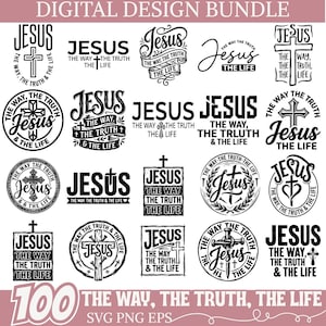 Puede incluir: Paquete de diseño digital con 100 diseños con el tema de Jesús. Los diseños incluyen cruces, texto y gráficos circulares con las frases "El Camino, la Verdad, la Vida". Los diseños son en blanco y negro.
