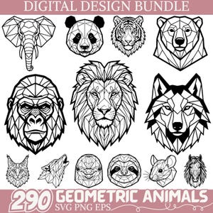 Peut inclure: Un ensemble de designs numériques avec des illustrations d'animaux géométriques. La collection comprend divers animaux tels qu'un éléphant, un panda, un tigre, un ours, un gorille, un lion, un loup, un lynx, un paresseux et un cheval. Le texte "290 Geometric Animals" est affiché.