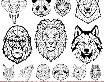 Paquete SVG de animales geométricos, cabeza de animal poligonal PNG, clipart de animales salvajes, vector de cara de animal de baja poli para Cricut y sublimación