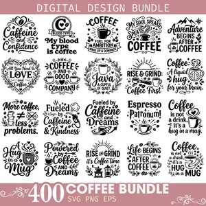 Puede incluir: Un paquete de diseño digital que presenta veinte ilustraciones gráficas en blanco y negro con tipografía e iconos de temática cafetera. Los diseños incluyen varias frases sobre café, tazas, vapor y granos, organizadas en una cuadrícula.