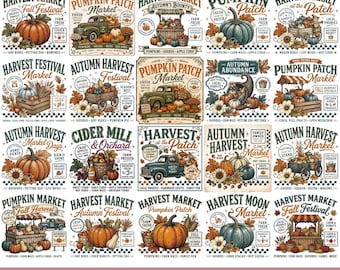 Pumpkin Patch PNG Bundle, Harvest Market Vintage Autumn Festival Clipart, Fall Farm Truck Pumpkin Designs Digital Download