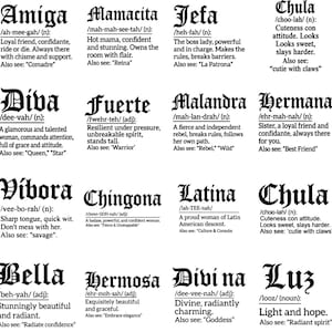 May include: A black and white graphic featuring a grid of words in a gothic font. Each word is accompanied by a definition. Words include "Guapa", "Reina", "Fiera", and "Amiga".