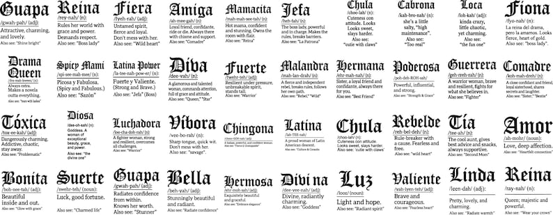 May include: A black and white graphic featuring a grid of words in a gothic font. Each word is accompanied by a definition. Words include "Guapa", "Reina", "Fiera", and "Amiga".
