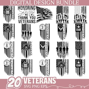 Può includere: Un pacchetto di design digitale con 20 design patriottici. I design includono bandiere americane, emblemi militari, sagome di soldati e il testo "Honoring All Who Served, Thank You Veterans". Il pacchetto è disponibile nei formati SVG, PNG ed EPS.