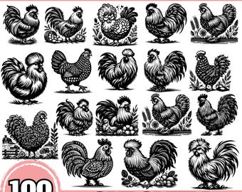 Chicken SVG Bundle, Farm Animal Clipart, Rooster Hen PNG, Vintage Chicken DXF, Farmhouse Silhouette Eps, Rustic Farm Clip Art