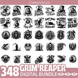 May include: A digital bundle of 348 Grim Reaper graphics in black and white. The illustrations feature the Grim Reaper with phrases such as "Dead and Fabulous" and "Just Updating Your Fate". Available in PNG, SVG, and EPS formats. The text "Commercial use" is at the top.
