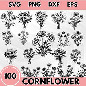 Cornflower SVG Bundle, Wildflower Clipart, Floral Png, Vintage Flower DXF, Botanical Silhouette EPS, Rustic Farmhouse Flower Art