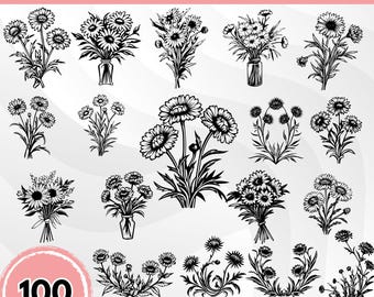 Cornflower SVG Bundle, Wildflower Clipart, Floral Png, Vintage Flower DXF, Botanical Silhouette EPS, Rustic Farmhouse Flower Art