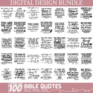 Op de afbeelding: Digitaal designpakket met 100 Bijbelcitaten in zwarte tekst. Bevat zinnen als "Liefde is geduldig, vriendelijk", "De Heer is mijn herder" en "Ik kan alles door Christus doen". De citaten zijn in verschillende lettertypen en lay-outs.