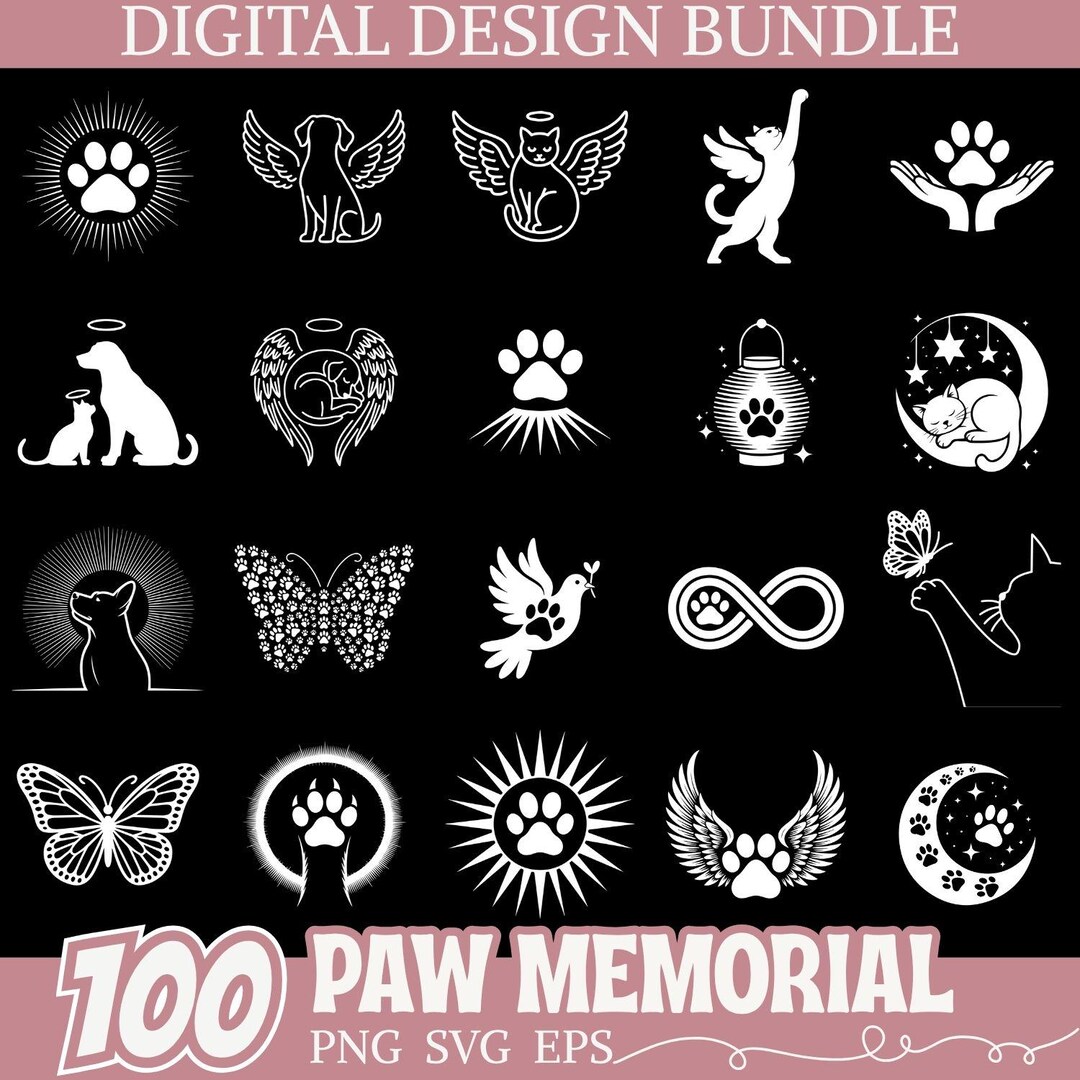 Pet Memorial Paw Print SVG Bundle, Angel Dog Cat Remembrance PNG Set ...