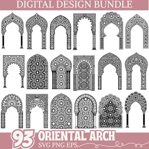 Puede incluir: Un paquete de diseño digital con 93 diseños de arcos orientales en blanco y negro. Los arcos presentan patrones intrincados y formas variadas, con el texto "DIGITAL DESIGN BUNDLE" en la parte superior y "93 ORIENTAL ARCH SVG PNG EPS" en la parte inferior.