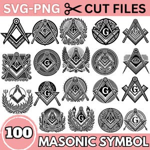 Pacchetto SVG PNG con simbolo massonico - 100 file di taglio massonico per Cricut e Silhouette, Compasso e Squadra Clipart, Download digitale