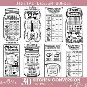 May include: A digital design bundle featuring eight black and white kitchen conversion charts. The graphics include mason jars, measuring cups, and tables for baking weights, liquid volumes, oven temperatures, and meat cooking temperatures.