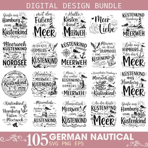 Könnte beinhalten: Ein digitales Design-Paket mit 105 schwarz-weißen nautischen Grafiken. Jedes Design enthält deutschen Text sowie Illustrationen von Möwen, Leuchttürmen, Ankern, Schiffen und Kompassen, die in einem Raster auf einem weißen Hintergrund angeordnet sind.