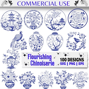 Chinoiserie SVG PNG EPS-ontwerpen voor Cricut en Silhouette, vintage blauwe bloemenvaas vogel clipartbundel voor ambachten en decor