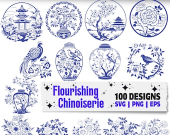 Chinoiserie SVG PNG EPS Designs for Cricut and Silhouette, Vintage Blue Floral Vase Bird Clipart Bundle for Crafts and Decor