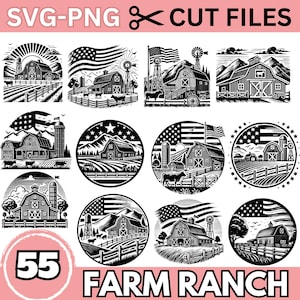 May include: A set of 12 black and white SVG cut files featuring farm and ranch scenes. Each design includes a barn, American flag, and other farm elements. The designs are perfect for creating custom crafts, home decor, and more.