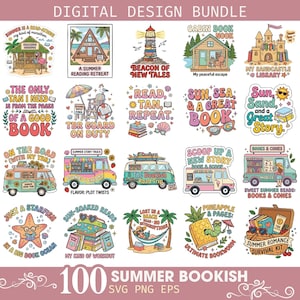 May include: A digital design bundle featuring 20 colorful summer-themed stickers with text and illustrations. The stickers include images of books, beach scenes, and food trucks, with phrases like "Summer Reading Retreat" and "Sun, Sea, & A Great Book."