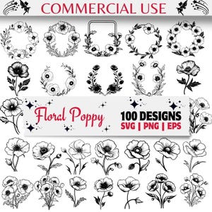 Floral coquelicot SVG Bundle, 100 Clipart fleur dessinés à la main, coquelicot noir et blanc PNG, dessin au trait botanique, couronne de fleurs en téléchargement numérique
