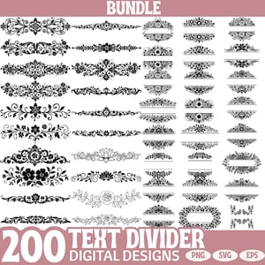 May include: A collection of 200 digital designs for text dividers in black and white. The designs include floral, ornamental, and geometric patterns. The word "BUNDLE" is at the top, and "TEXT DIVIDER DIGITAL DESIGNS" is at the bottom.
