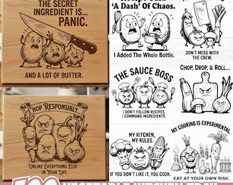 Paquete SVG de bandeja de cocina para verduras, frases divertidas de cocina, diseños de tablas de cortar de verduras enojadas, archivos PNG EPS y grabado láser Cricut.