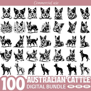 Australian Cattle Dog Clipart Bundle, 100 PNG SVG EPS Files, Heeler Dog Line Art, Farm Dog Silhouette, Digital Download for Crafts
