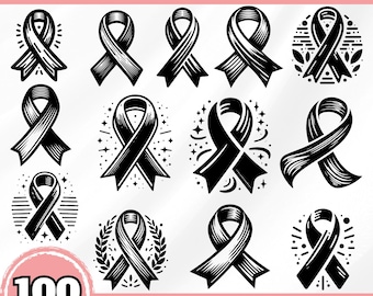 Awareness Ribbon SVG Bundle, Support Ribbon Clipart, Cancer Ribbon PNG, Memorial Ribbon Cut Files, Charity Symbol DXF for Cricut