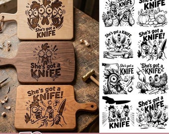 Paquete SVG "Ella tiene un cuchillo", diseños SVG divertidos de pollos, frases de pollos de granja para Cricut, tabla de cortar con grabado láser PNG EPS